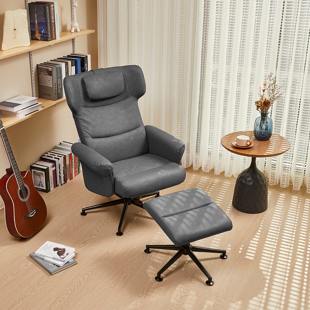 Black/Grey/Brown Faux Leather Swivel?Armchair with Footstool - House Comfort