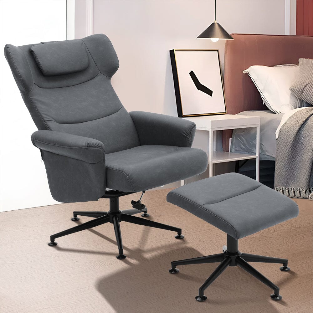 Black/Grey/Brown Faux Leather Swivel?Armchair with Footstool - House Comfort