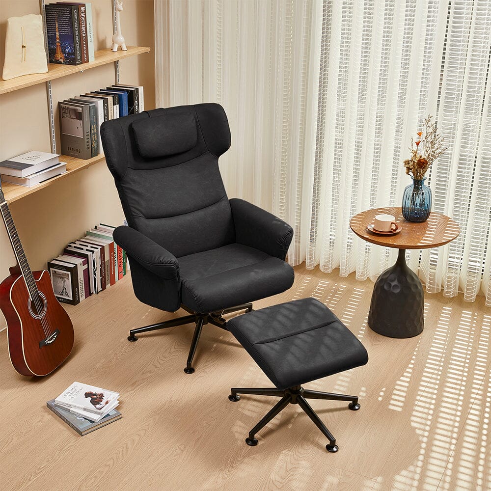Black/Grey/Brown Faux Leather Swivel?Armchair with Footstool - House Comfort