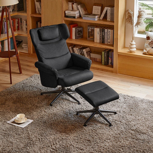 Black/Grey/Brown Faux Leather Swivel?Armchair with Footstool - House Comfort