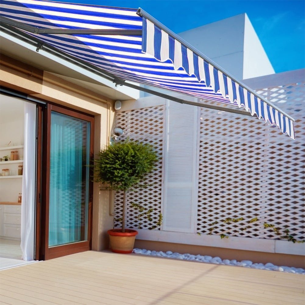 Blue and White Manual Shelter Retractable Patio Awning - House Comfort