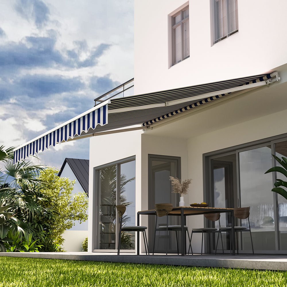 Blue and White Manual Shelter Retractable Patio Awning - House Comfort
