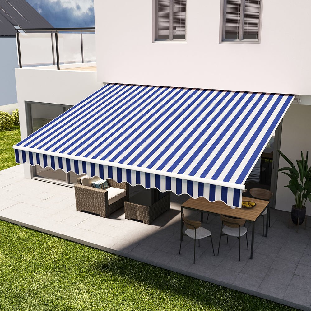 Blue and White Manual Shelter Retractable Patio Awning - House Comfort