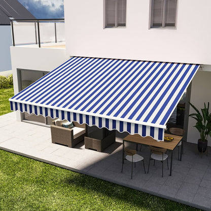 Blue and White Manual Shelter Retractable Patio Awning - House Comfort