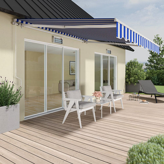 Blue and White Manual Shelter Retractable Patio Awning - House Comfort