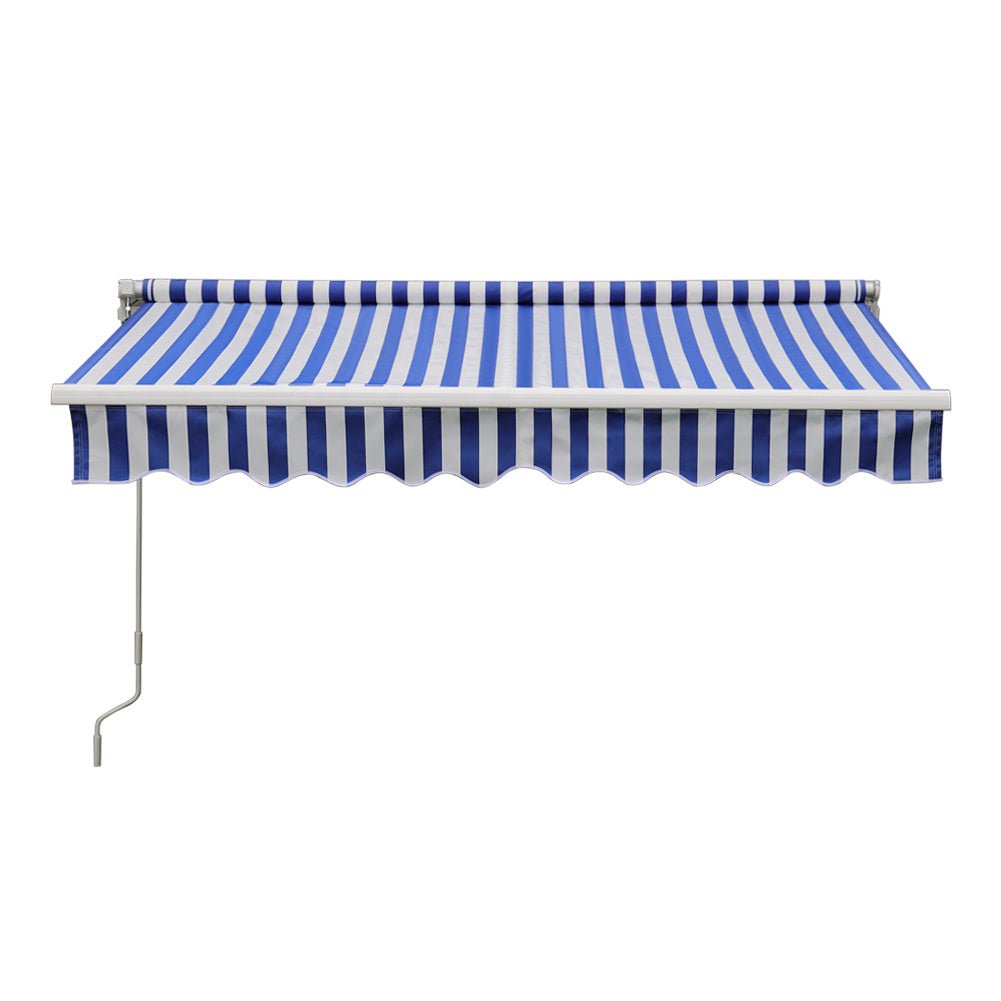 Blue and White Manual Shelter Retractable Patio Awning - House Comfort