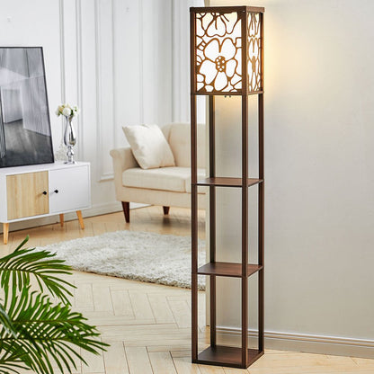 Brown Floor Lamp with Flower Linen Shade 3 Layers Indoor Towered Lamp - House Comfort