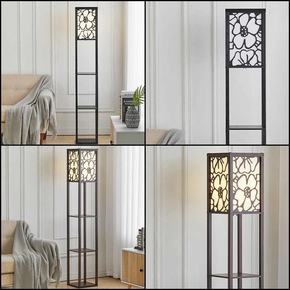 Brown Floor Lamp with Flower Linen Shade 3 Layers Indoor Towered Lamp - House Comfort