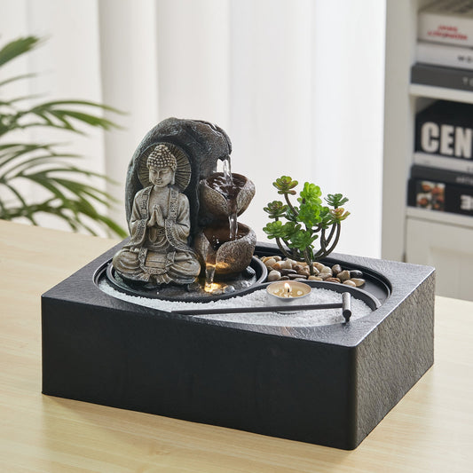 Buddha Zen Tabletop Fountain with LED Light, Tealight Holder and Succulent - House Comfort