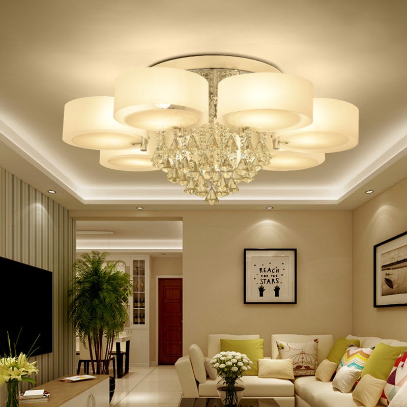 Ceiling Light Semi - Flush Mount, Cylindrical Acrylic Lampshades, Crystal Drops - House Comfort