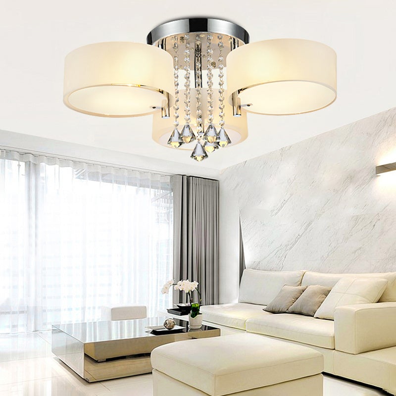 Ceiling Light Semi - Flush Mount, Cylindrical Acrylic Lampshades, Crystal Drops - House Comfort