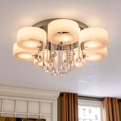 Ceiling Light Semi - Flush Mount, Cylindrical Acrylic Lampshades, Crystal Drops - House Comfort