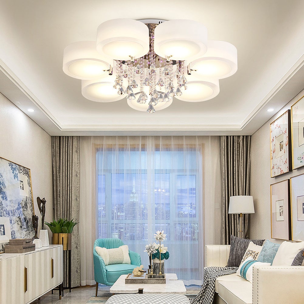 Ceiling Light Semi - Flush Mount, Cylindrical Acrylic Lampshades, Crystal Drops - House Comfort