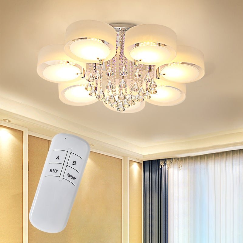 Ceiling Light Semi - Flush Mount, Cylindrical Acrylic Lampshades, Crystal Drops - House Comfort