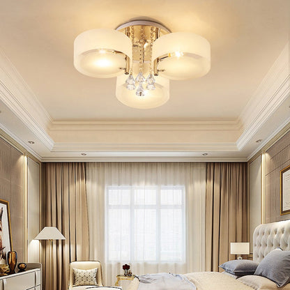 Ceiling Light Semi - Flush Mount, Cylindrical Acrylic Lampshades, Crystal Drops - House Comfort