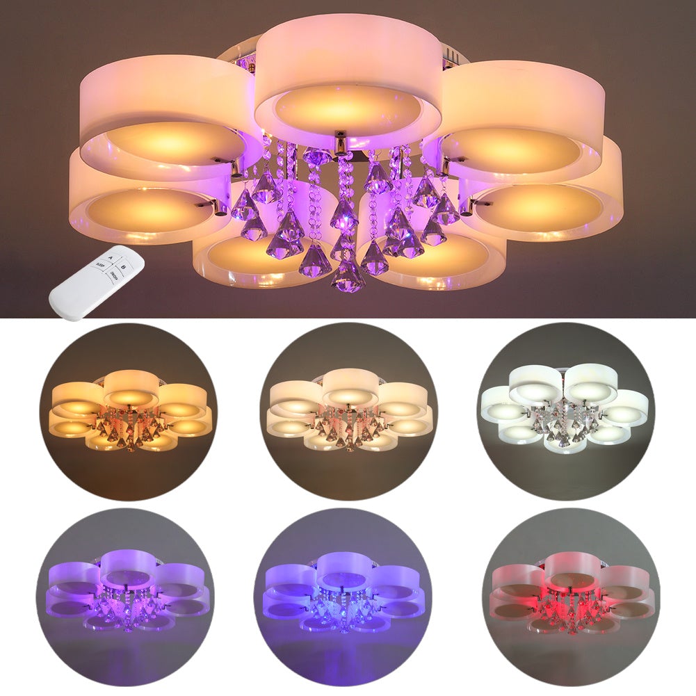 Ceiling Light Semi - Flush Mount, Cylindrical Acrylic Lampshades, Crystal Drops - House Comfort