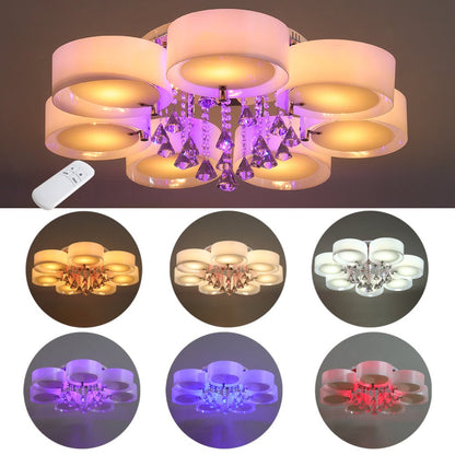 Ceiling Light Semi - Flush Mount, Cylindrical Acrylic Lampshades, Crystal Drops - House Comfort