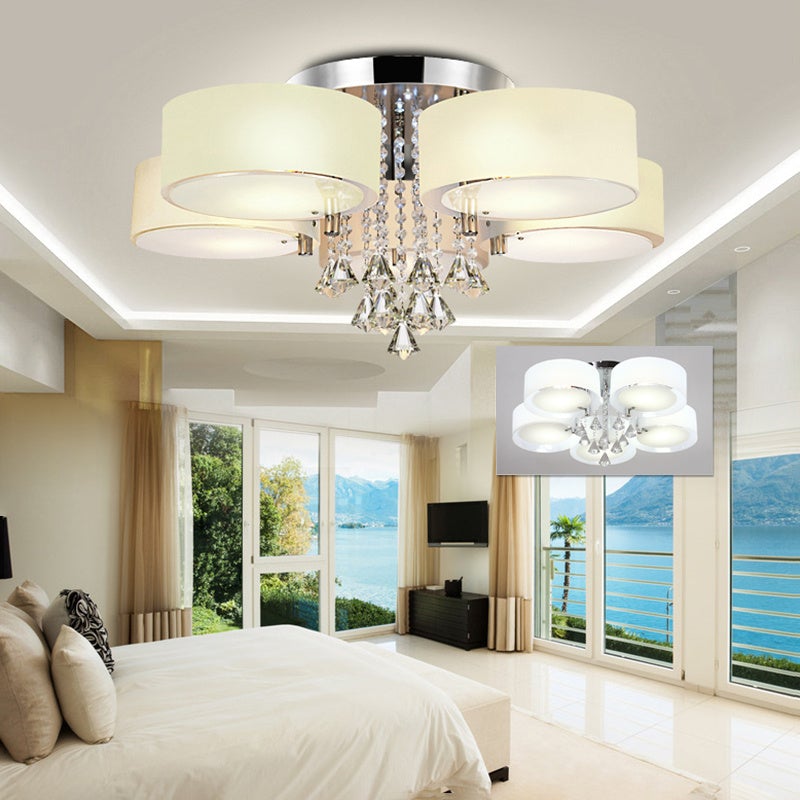 Ceiling Light Semi - Flush Mount, Cylindrical Acrylic Lampshades, Crystal Drops - House Comfort