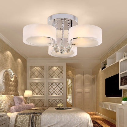 Ceiling Light Semi - Flush Mount, Cylindrical Acrylic Lampshades, Crystal Drops - House Comfort