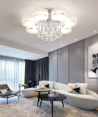 Ceiling Light Semi - Flush Mount, Cylindrical Acrylic Lampshades, Crystal Drops - House Comfort
