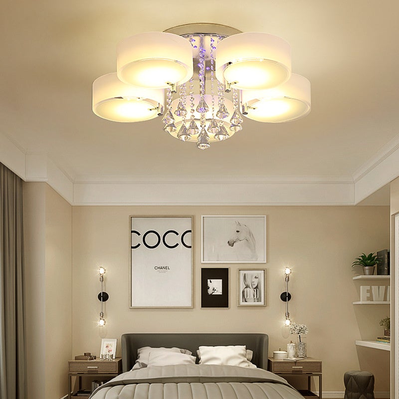 Ceiling Light Semi - Flush Mount, Cylindrical Acrylic Lampshades, Crystal Drops - House Comfort