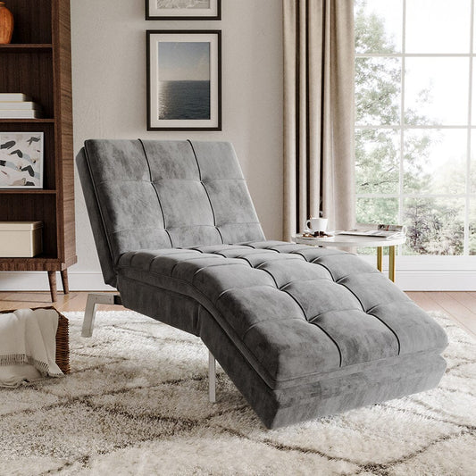 Chaise Lounge Grey Velvet Upholstered with Metal Legs - House Comfort