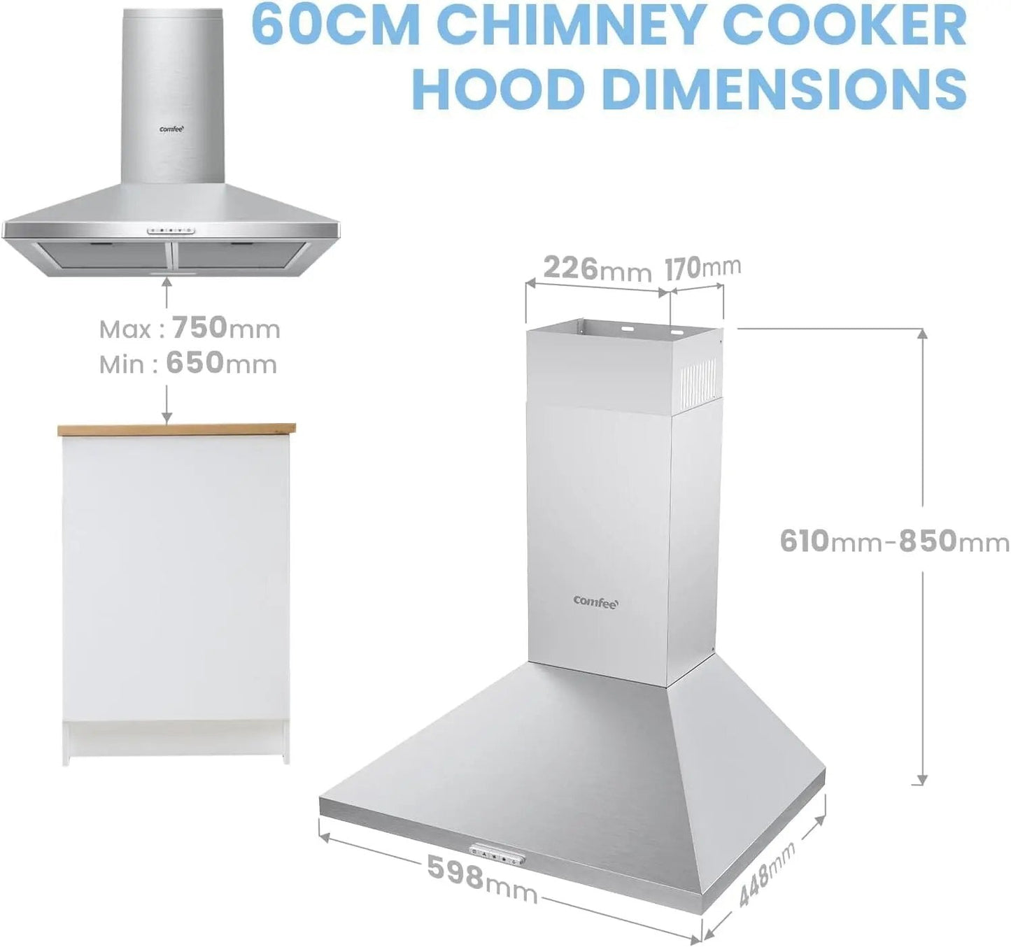 Class A+ 60cm Chimney Cooker Range Hood Kitchen Extractor with 3 - Speed Modes - House Comfort