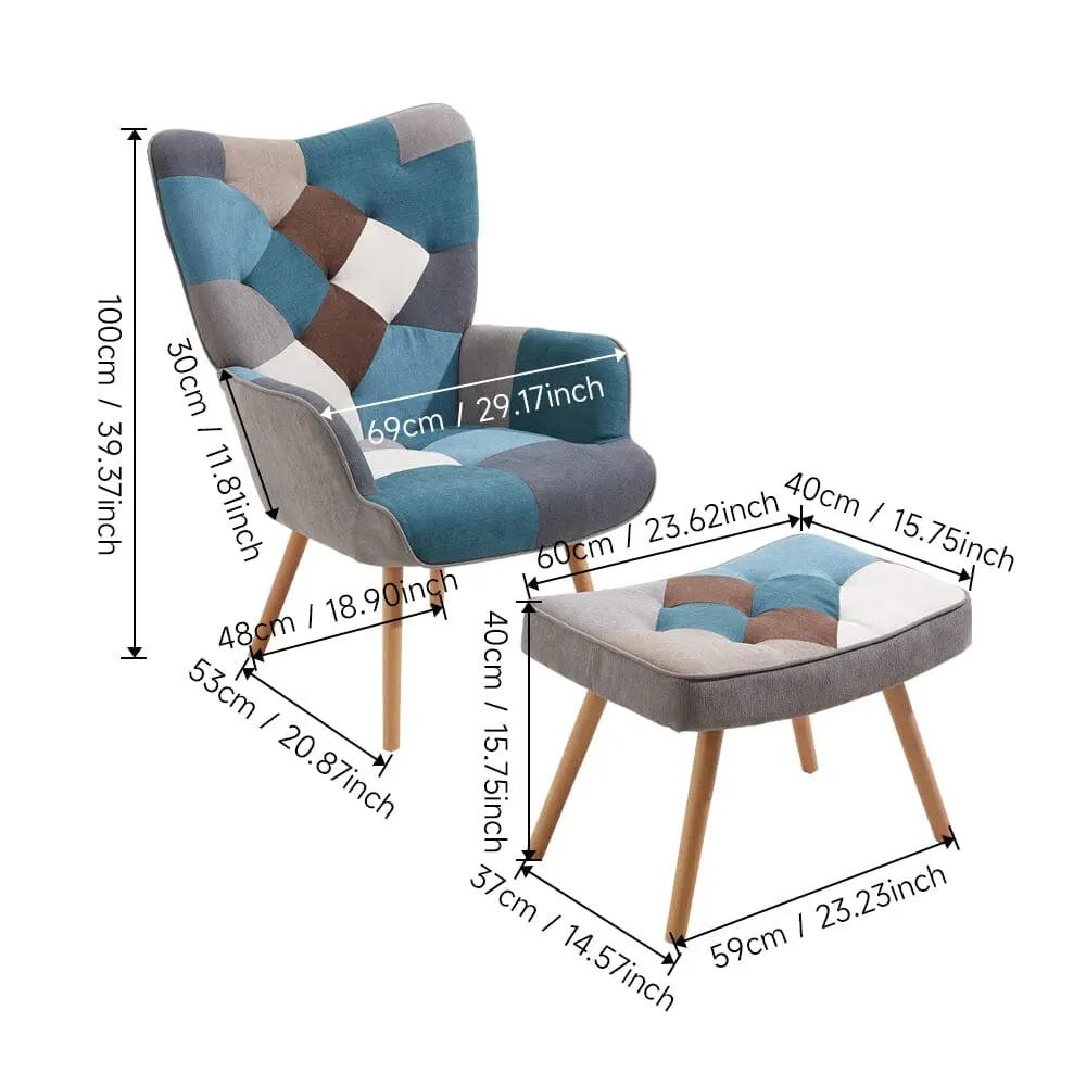 Colour Block Upholstered Wingback Armchair with Footstool - House Comfort