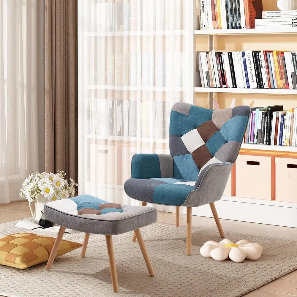 Colour Block Upholstered Wingback Armchair with Footstool - House Comfort