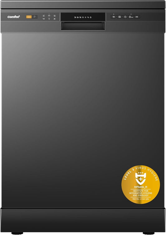 COMFEE 11L Black Freestanding Dishwasher, 60cm Full Size with 12 Place Settings and Quick Wash - House Comfort