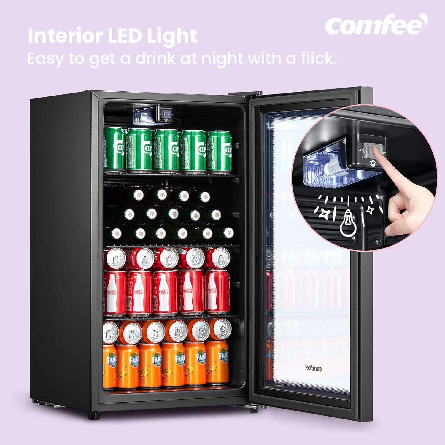 COMFEE 93L Black Compact Drinks Fridge with Adjustable Shelves and LED Light - House Comfort