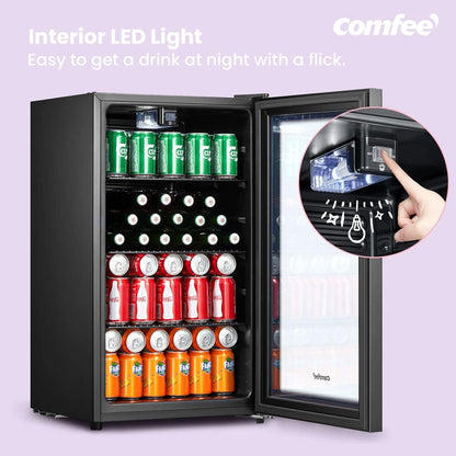 COMFEE 93L Black Compact Drinks Fridge with Adjustable Shelves and LED Light - House Comfort