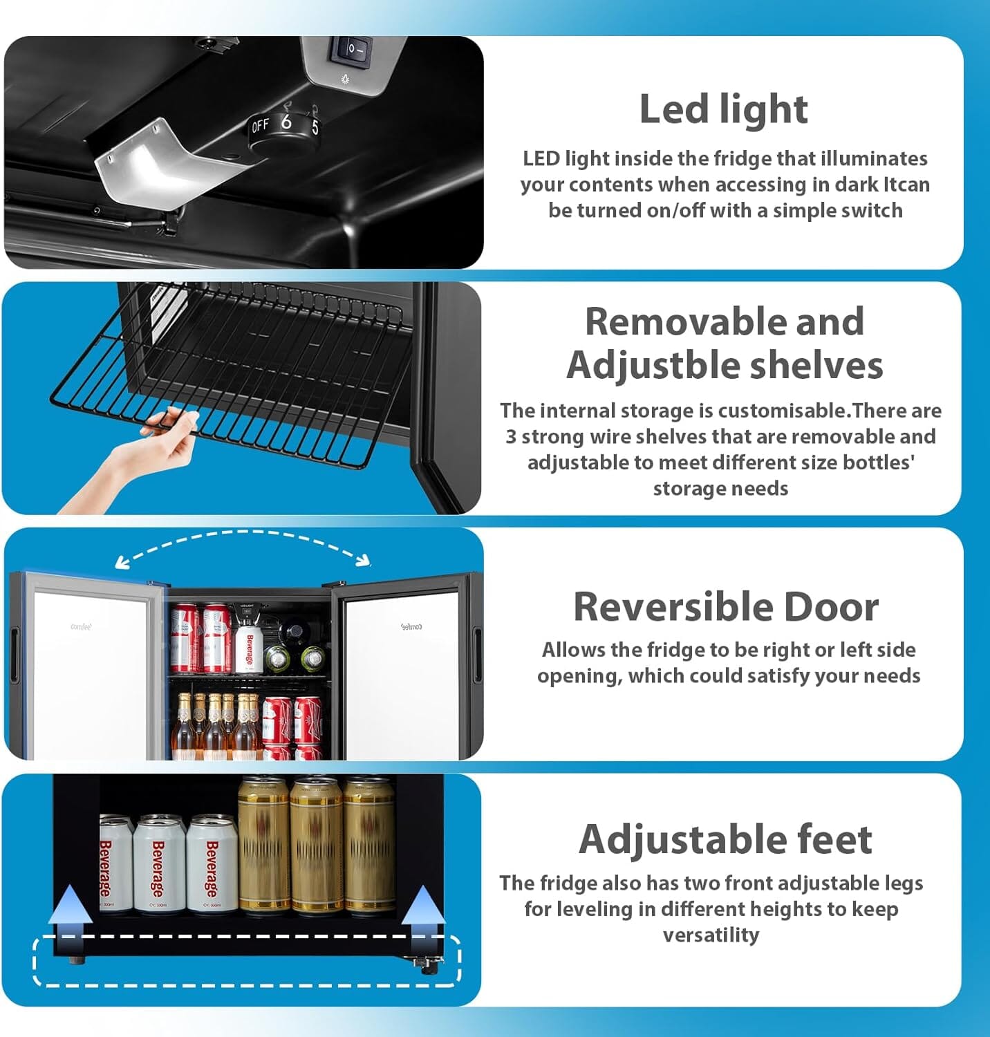 COMFEE 93L Black Compact Drinks Fridge with Adjustable Shelves and LED Light - House Comfort