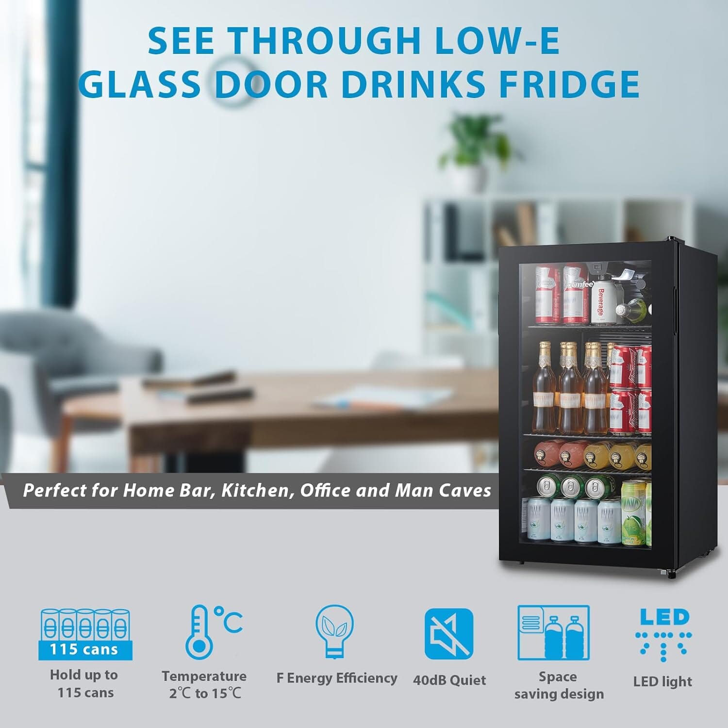 COMFEE 93L Black Compact Drinks Fridge with Adjustable Shelves and LED Light - House Comfort