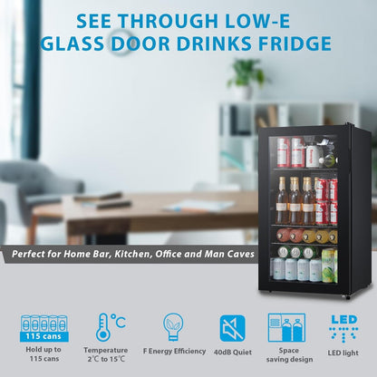 COMFEE 93L Black Compact Drinks Fridge with Adjustable Shelves and LED Light - House Comfort