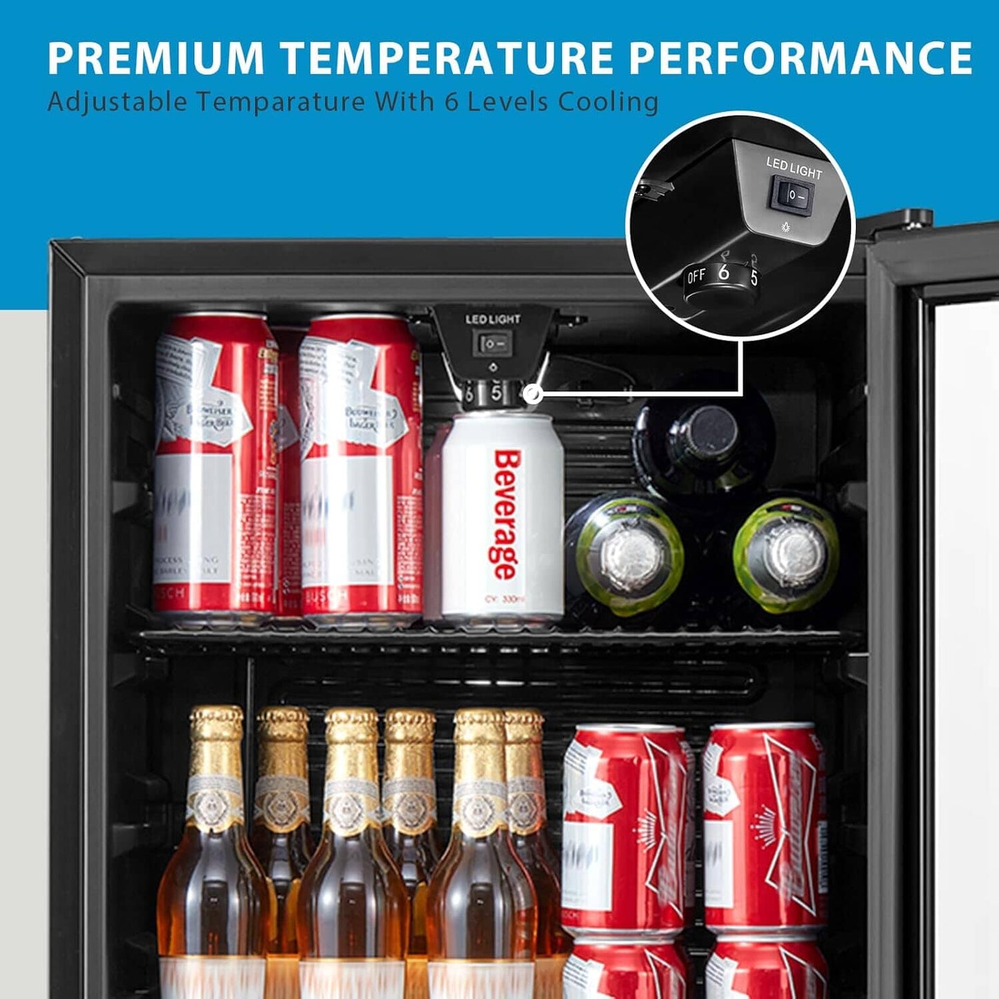 COMFEE 93L Black Compact Drinks Fridge with Adjustable Shelves and LED Light - House Comfort