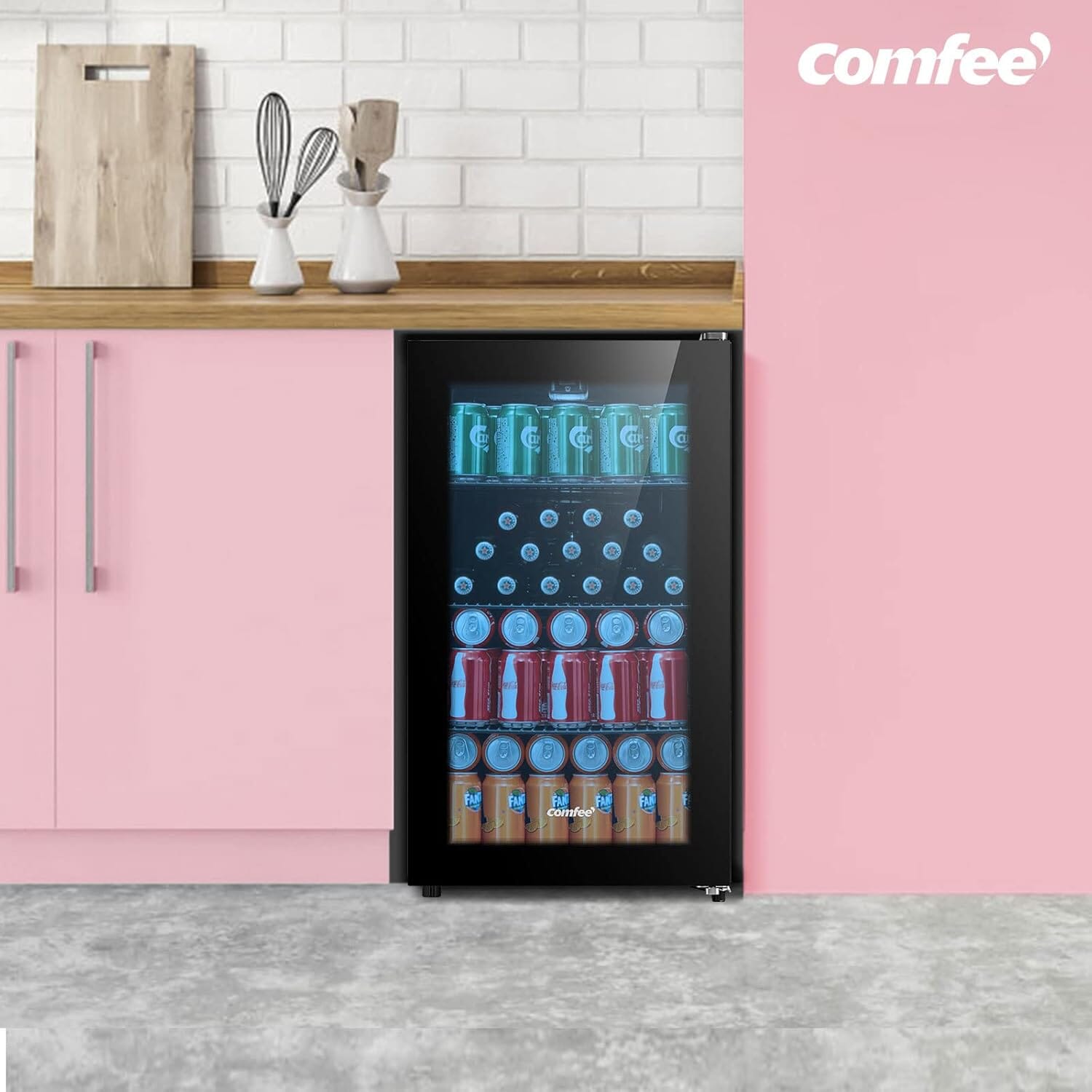 COMFEE 93L Black Compact Drinks Fridge with Adjustable Shelves and LED Light - House Comfort