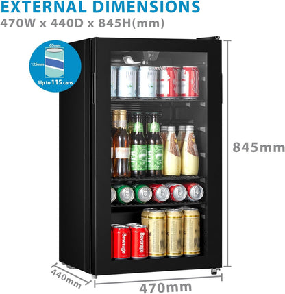 COMFEE 93L Black Compact Drinks Fridge with Adjustable Shelves and LED Light - House Comfort