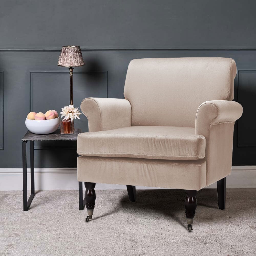 Contemporary Velvet upholstered Armchair with Casters - House Comfort