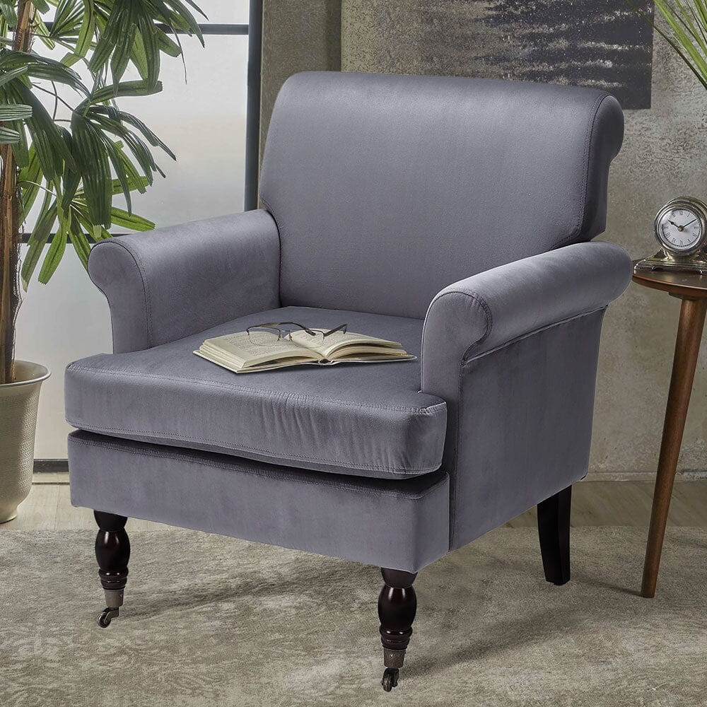 Contemporary Velvet upholstered Armchair with Casters - House Comfort