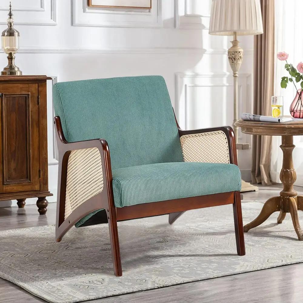 Corduroy Armchair with Rattan Armrest - House Comfort