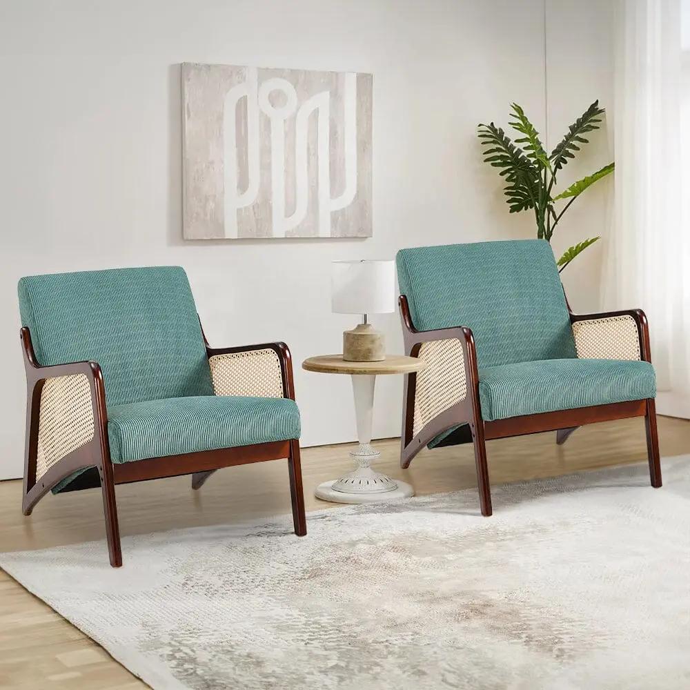 Corduroy Armchair with Rattan Armrest - House Comfort