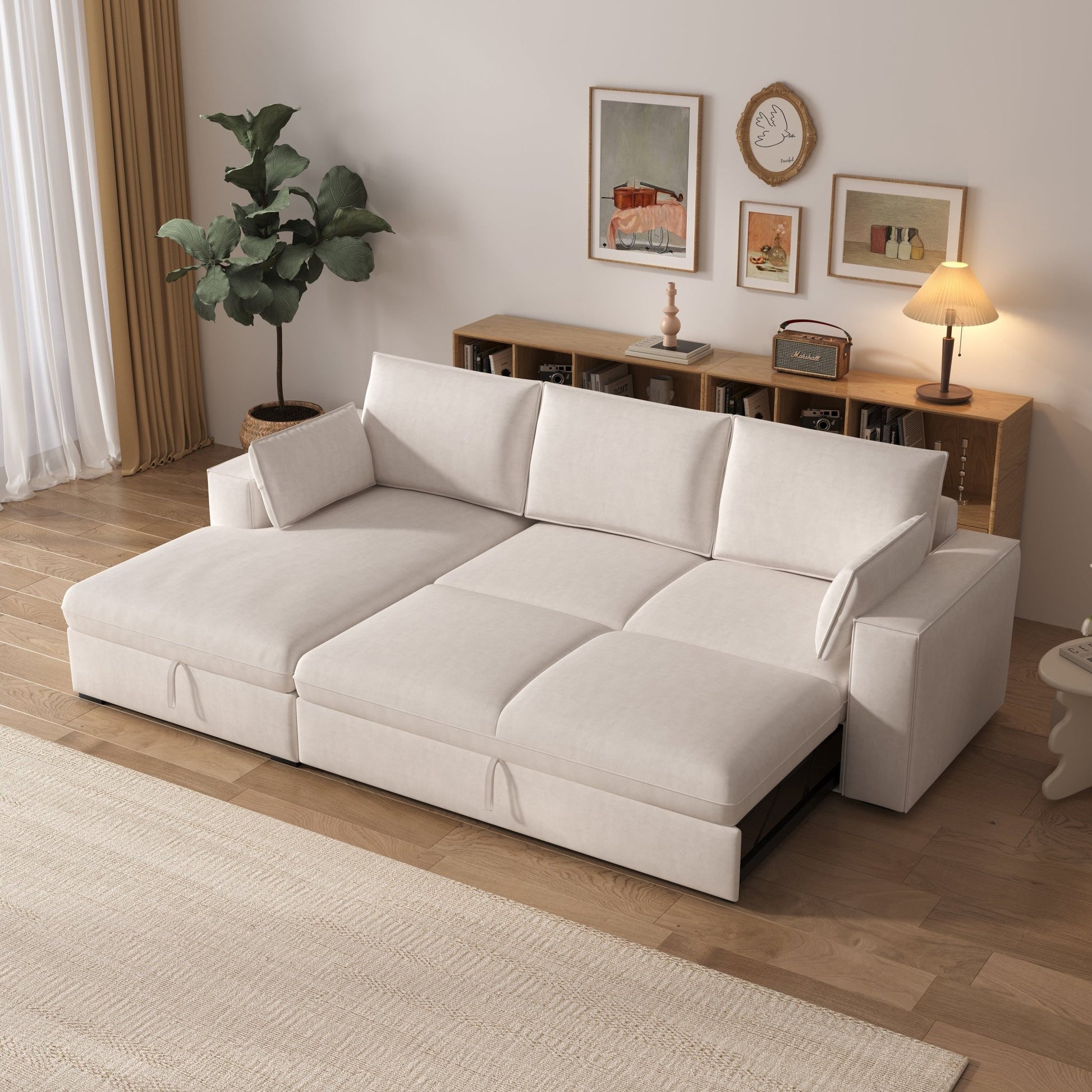 Cottonfy Creamy Tofu Block Pullout Sofa Bed with Storage - House Comfort