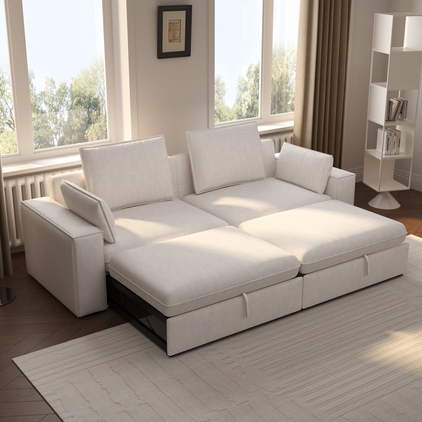 Cottonfy Creamy Tofu Block Pullout Sofa Bed with Storage - House Comfort