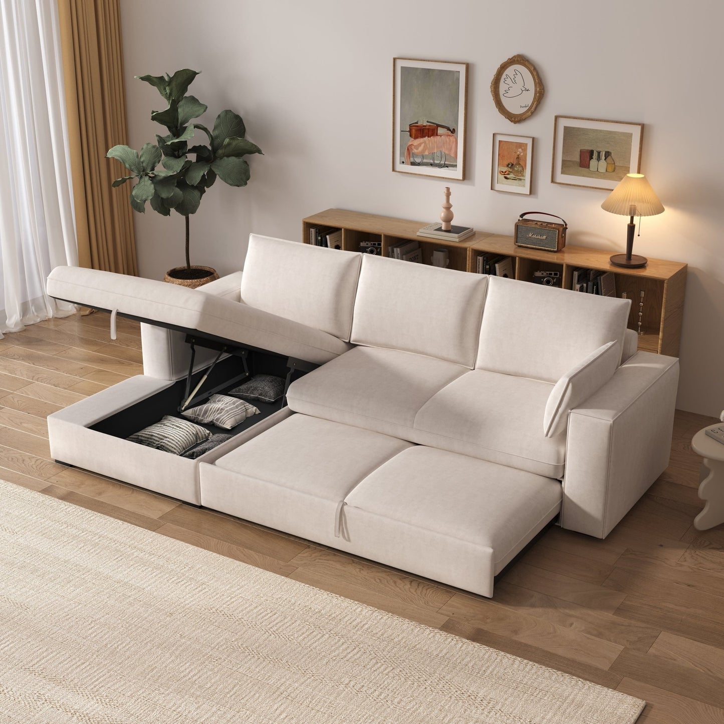 Cottonfy Creamy Tofu Block Pullout Sofa Bed with Storage - House Comfort