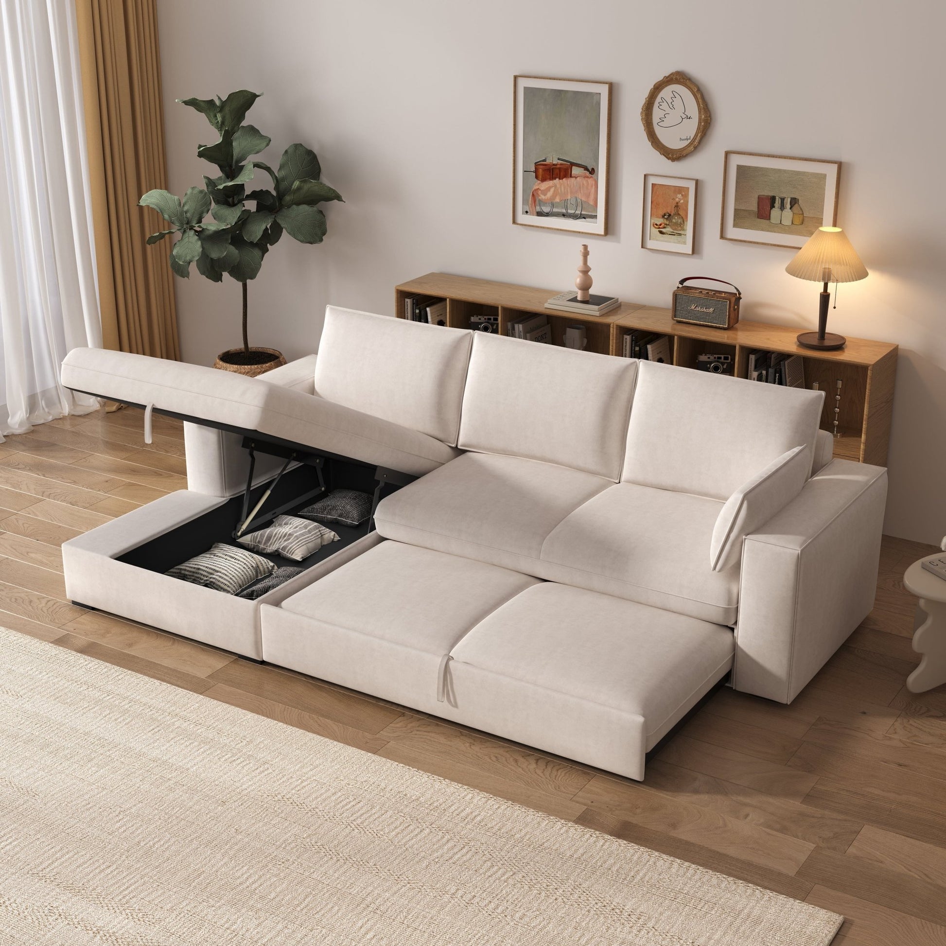Cottonfy Creamy Tofu Block Pullout Sofa Bed with Storage - House Comfort