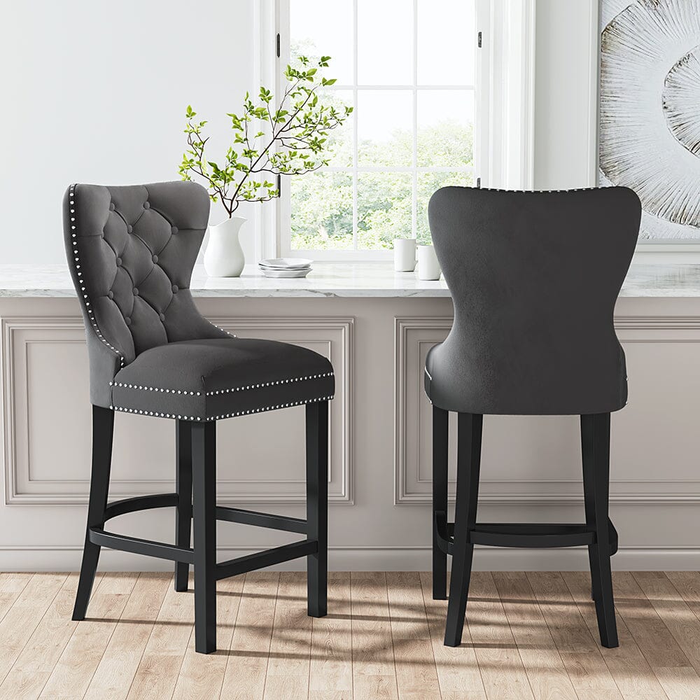 Dining Bar Chairs Wooden Velvet Buttoned Bar Stool - House Comfort