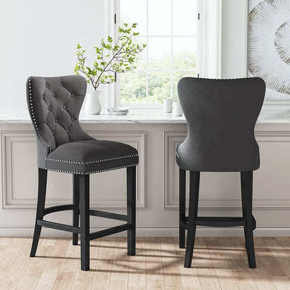 Dining Bar Chairs Wooden Velvet Buttoned Bar Stool - House Comfort