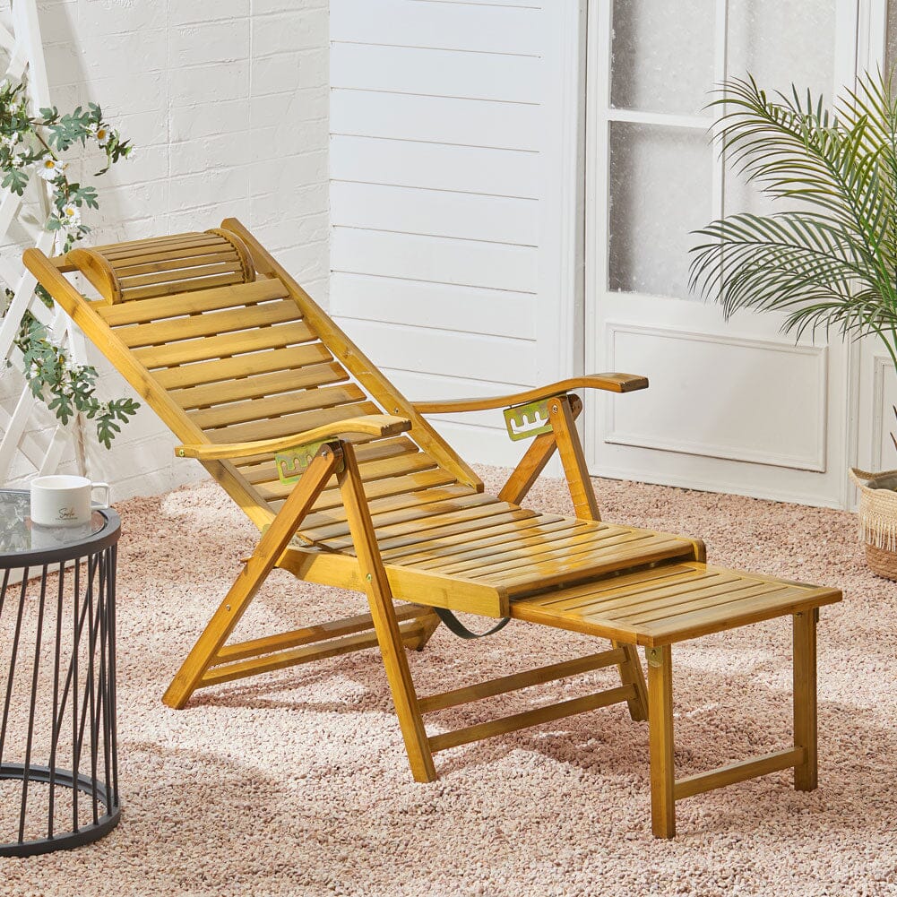 Foldable Bamboo Recliner Lounge Chair with Retractable Footrest - House Comfort