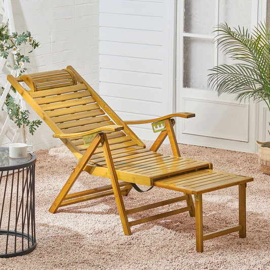 Foldable Bamboo Recliner Lounge Chair with Retractable Footrest - House Comfort